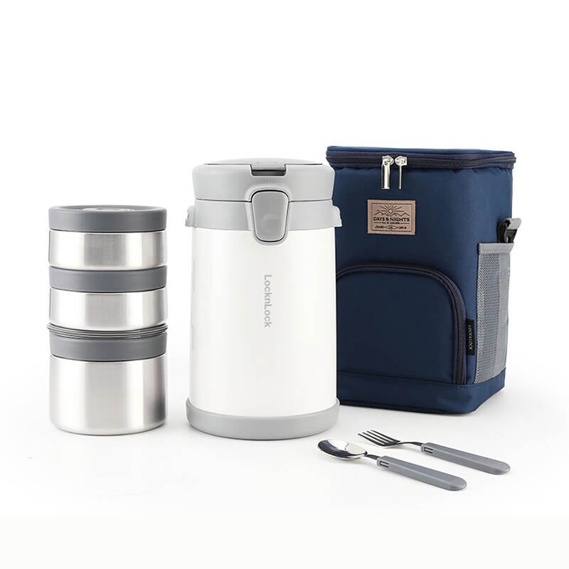 Bộ Hộp Cơm Giữ Nhiệt LocknLock Easy Carry 2.0L, 720Ml*1, 420Ml*2, Bộ Muỗng Và Nĩa*1, Túi Đựng*1 - 2 Màu (Xanh, Trắng) - LHC8039 image number null